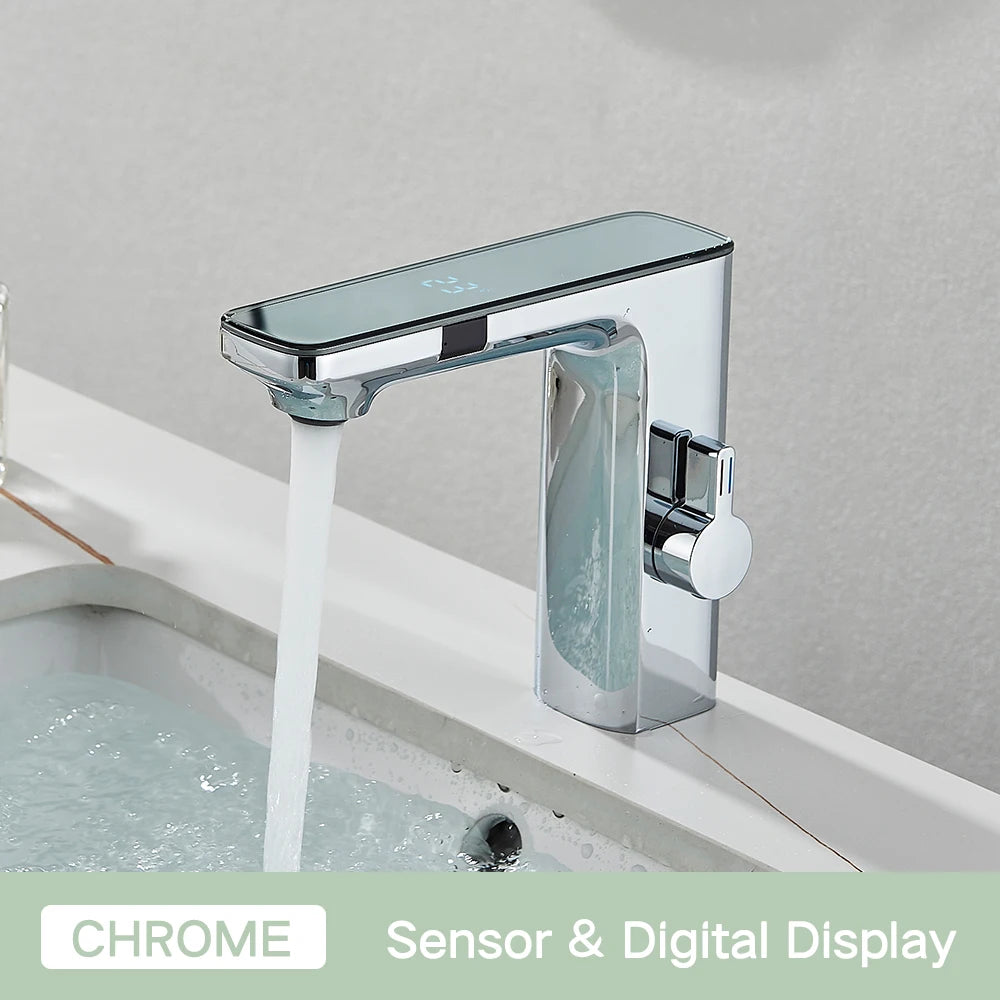 rozin Touchless Sensor Basin Faucet Smart Digital Display Bathroom Sink Faucets Grey Brass Sense Hot Cold Water Mixer Tap Crane