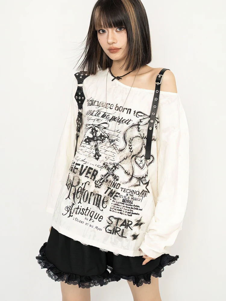 Y2k Long sleeve T shirt Women Off shoulder Oversize Tops Female Spring Autumn Vintage Holes Basic Tees Streetwear Chic.