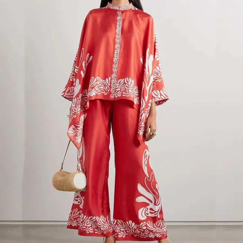 Retro Printed Loose Indie Folk Outfit Women Spring Stand Collar Button Irregular Top+Pant Set Fall Batwing Long Sleeve 2pcs Suit