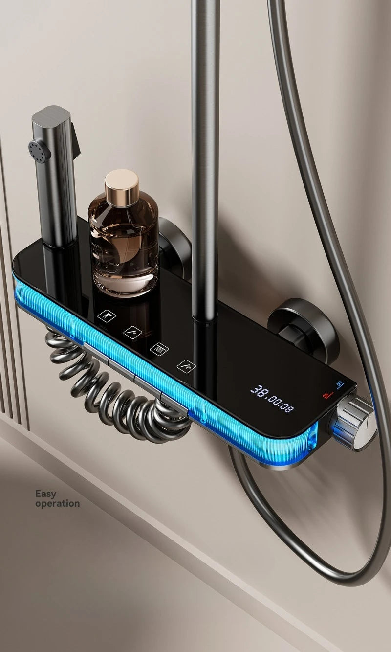 Smart Digital Rainlfall Bathroom Shower Set Temperature Display Bathroom Shower Faucet Set Grey Shower System with Ambient Light