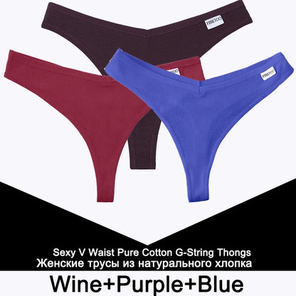 FINETOO 3PCS/Set G-string Panties Cotton Women's Underwear Sexy Panty Female Underpants Thong Solid Color Lingerie T-Back Design