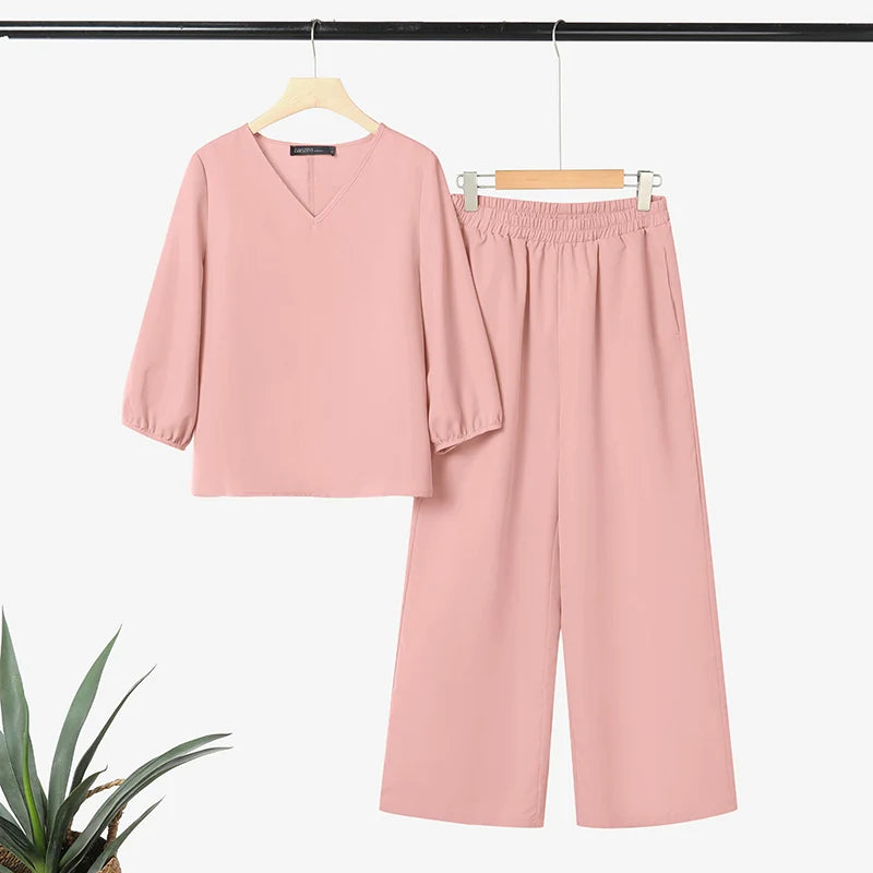 ZANZEA Autumn 2 Piece Sets Women Pant Sets Casual V Neck Long Sleeve Tops Pant Suit Elegant Solid Work Tracksuit Oversize 2025