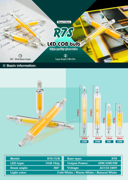 R7S LED Glasröhre 78mm 118mm COB Birne 5W 10W 20W r7s Lampada Mais Lampe J78 J118 AC220V 110V Energiesparende Ersetzen Halogen Licht.