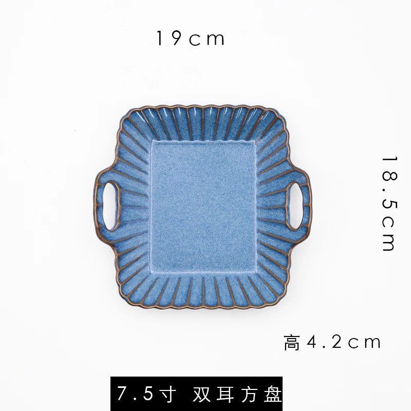 Retro Household Ceramic Tableware Kiln Variable Glaze Western Plate Creative Long Plate Main Dish Dinner Plate Kitchen Supplies