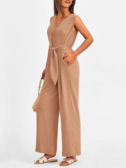 Summer High Waist Lace-up Jumpsuits Women 2025 New Sleeveless V-neck Side Pocket Solid Casual Jumpsuit Office Ladies Rompers.
