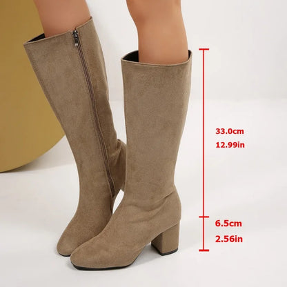Women Boots Autumn Winter Elastic Slimming Knee-High Boots Fashion Pointed Toe Thick Heel Shoes Woman Side Zipper Casual Botas.
