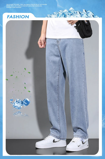 Summer Thin Men's Straight Loose Gray Jeans Soft Fabric Lyocell Fabric Light Colored Casual Pants Male Brand Trousers.