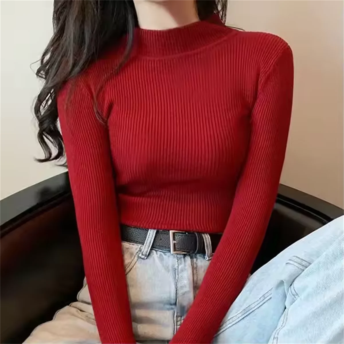 Mode Mock Neck Gestrickte Pullover Frauen Herbst Winter Neue Feste Vintage Grundlegende Tops Koreanische Dünne Rippen Pullover Casual Innere Top.