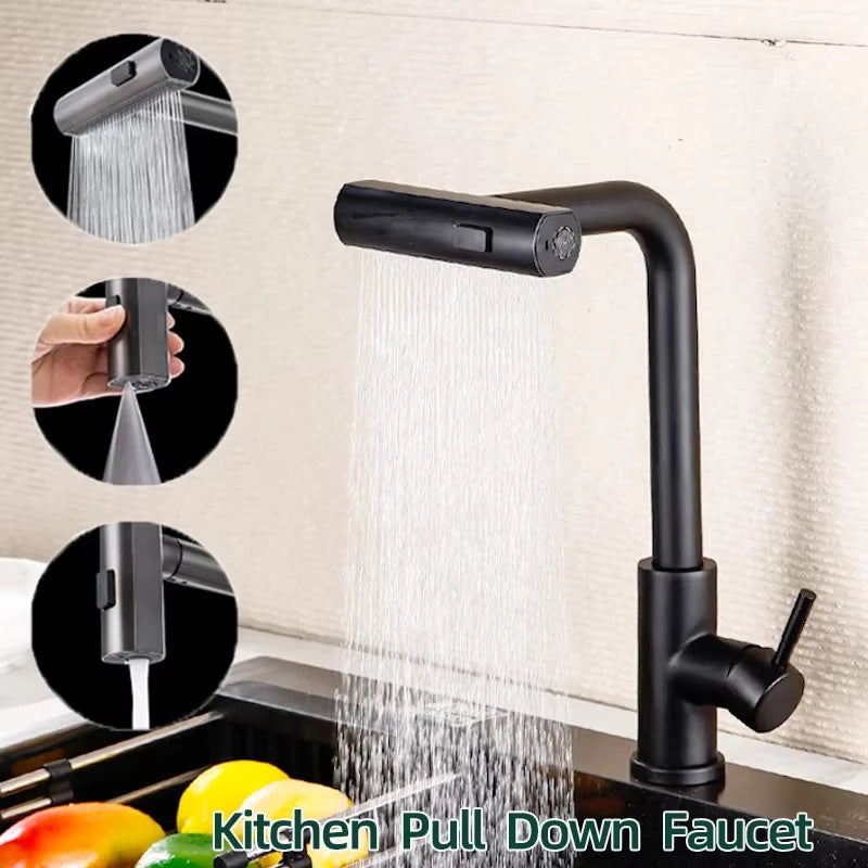 Brushed/Black Kitchen Faucet Pull Out Swivel Waterfall Sprayer Sink Mixer Faucet Brushed Nickel Faucet