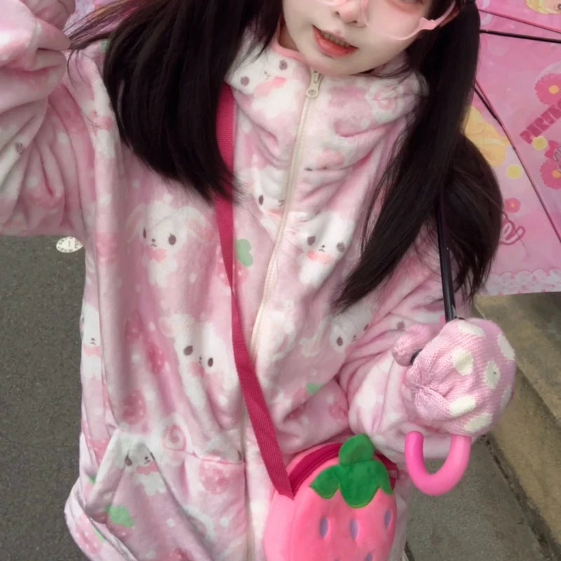 Japanese New Winter Sweet Cute Cartoon Rabbit Flannel Pajamas Set Daughter Girls Pink Thickened Loungewear Women's Sleepwear.