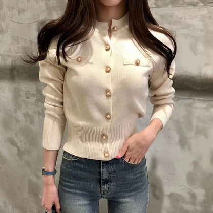 2025, herbst Langarm Mode Frauen Strickjacken Pullover Gestrickte Mantel Kurze Beiläufige Einreiher Koreanische Dünne Chic Damen Tops.