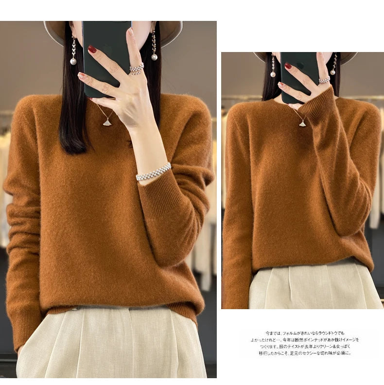 100% Merino Wool Sweater Women O-neck Cashmere Knitwear Female Pullover Autumn Winter Casual Tops Solid Color Soft  Clothing