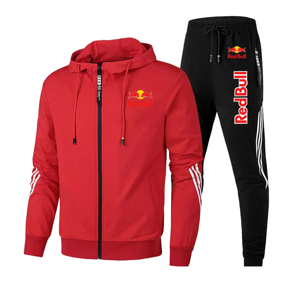 2025 Red Bull Brand Logo Printed Men's Zipper Hoodie With Casual Trousers Cycling Sports Two-piece Solid Color Simple Men's Suit.