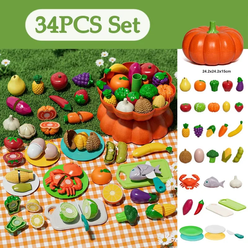 Kid Pretend Play Kitchen Toy Set Simulation Cut Fruit Vegetables Sensory Game Make Pizza Food Cook Girl Interactive Education To