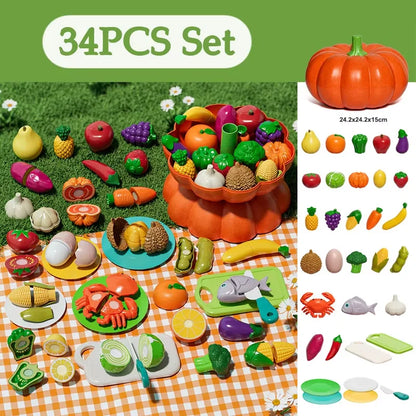 Kid Pretend Play Kitchen Toy Set Simulation Cut Fruit Vegetables Sensory Game Make Pizza Food Cook Girl Interactive Education To