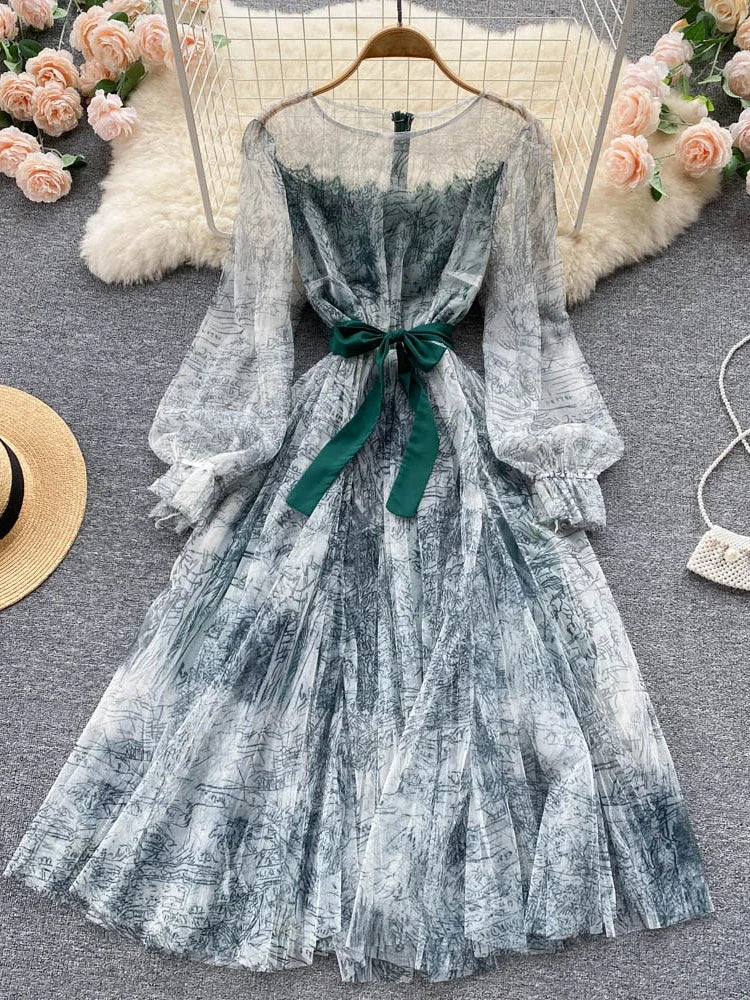 Elegante Frauen Mesh Kleid Vintage Laterne Ärmeln Gedruckt Party Kleider Frühling Sommer Patchwork A Line Bandage Strand Kleid