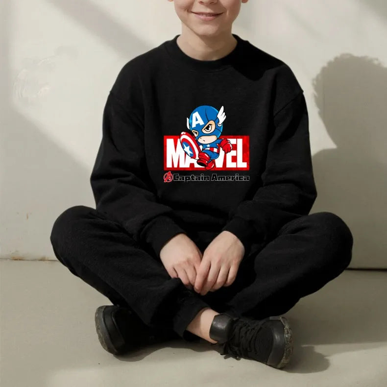 Marvel Spring/autumn Children's Clothing  Sets Captain America Boys O Neck Hoodies Pants Two Piece Casual Pullover Set for Kids.
