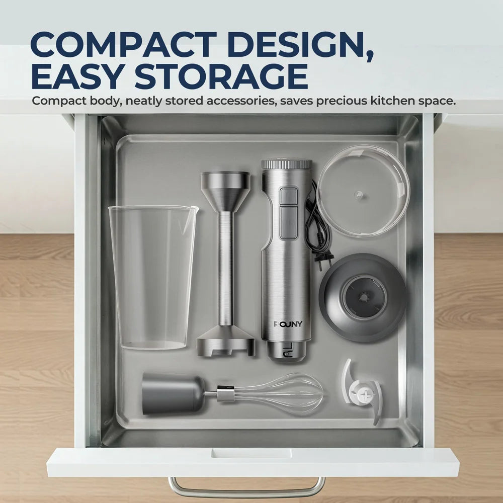 ROUNY 4-in-1 Hand Immersion Blender 1000W Powerful, Stainless Steel Stick Food Mixer,700ml Mixing Beaker,500ml Processor, Whisk.