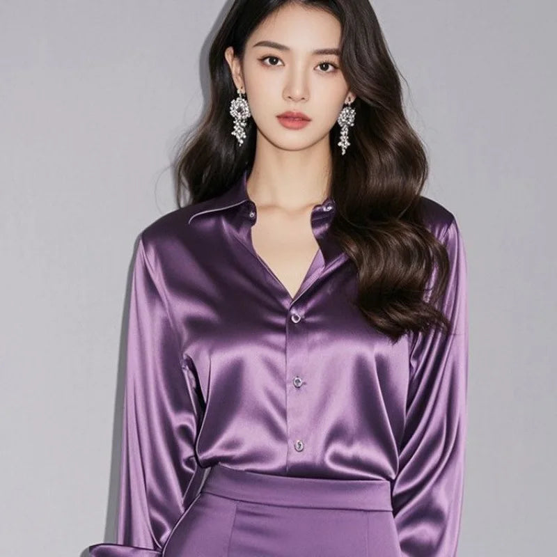 2025 Summer Women's Satin Shirts Elegant Plain Long Sleeve Blouse Office Lady Button-Up Shirt Top Female Shirts Blouse Autumn.