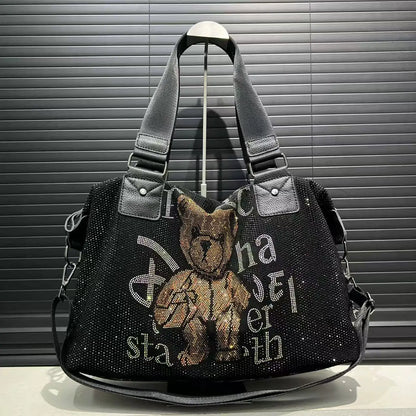 Ladies' fashionable diamond jewelry cute teddy bear handbag, large capacity, personalized, elegant, shiny shoulder bag.