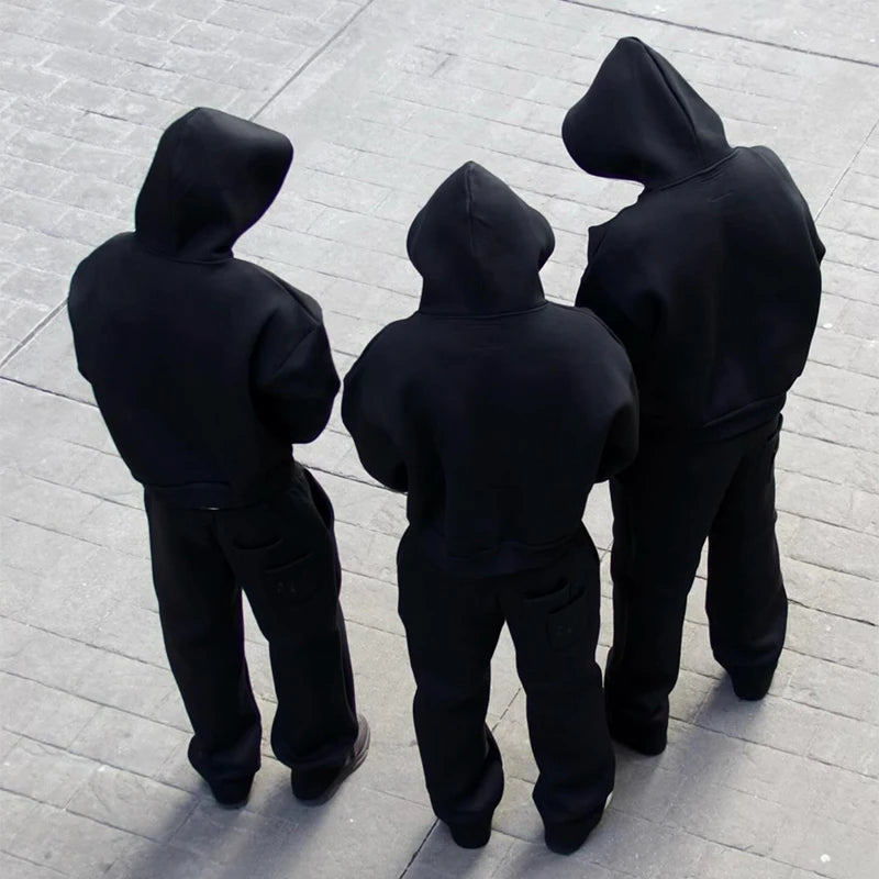 Men Cotton Vintage Tracksuit 2pcs Set Hoodies Straight Pants Casual Loose Hip Hop Sports Hooded Pullover Trousers Y2k Streetwear.