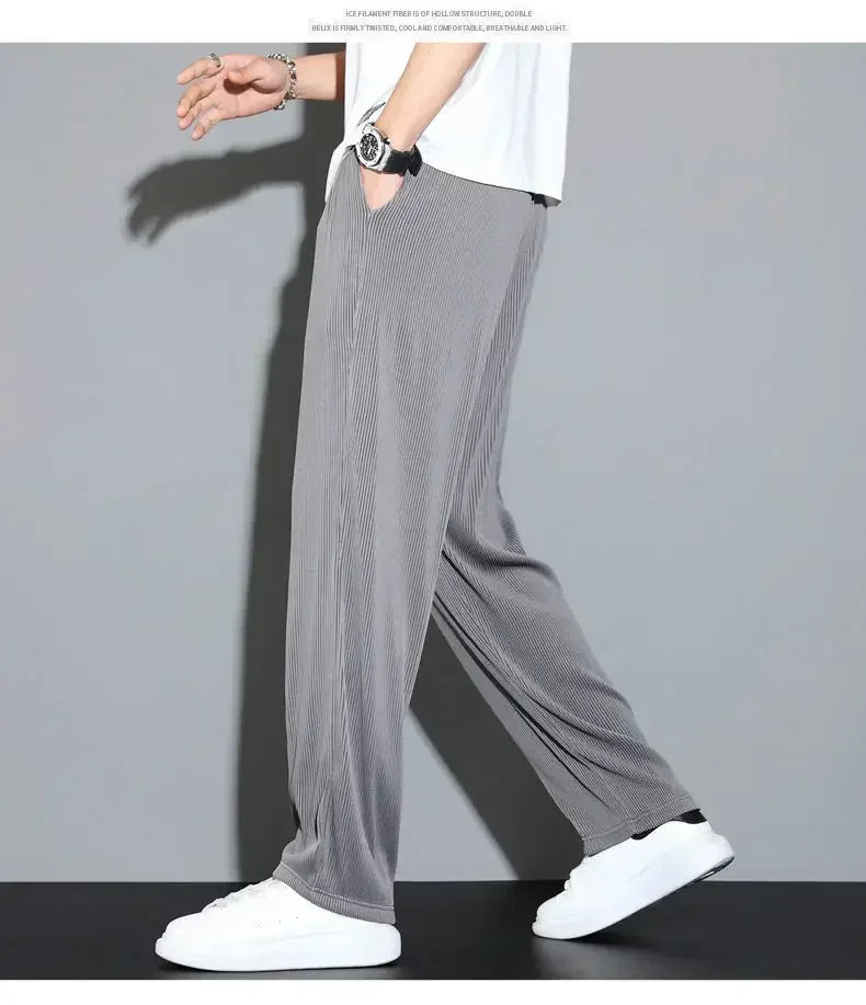 Summer Loose Ice Silk Pants Men's Drape 100KG Size Long Pants Fat Casual Sports Pants Wide Leg Straight Pants Tide Brand.