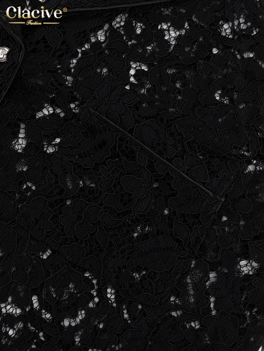 Clacive Sexy Loose Black Lace See Through Trousers Sets Women 2 Pieces Fashion Long Sleeve Shirt With High Waist Wide Pants Set.