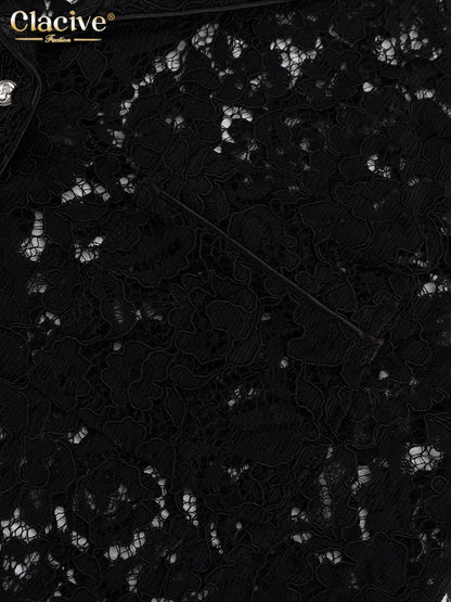 Clacive Sexy Loose Black Lace See Through Trousers Sets Women 2 Pieces Fashion Long Sleeve Shirt With High Waist Wide Pants Set.