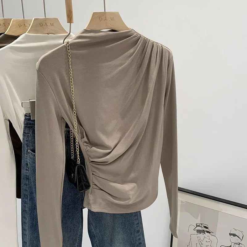 Early Autumn Pure Color High Neck Pleated Slim Fit Sexy Base Shirt Women's Fashionable Crew Neck T-shirt Full Sleeve China Origi.