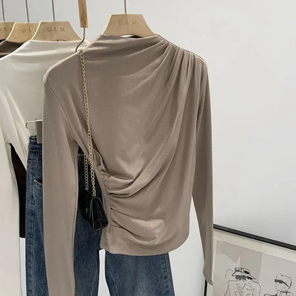 Early Autumn Pure Color High Neck Pleated Slim Fit Sexy Base Shirt Women's Fashionable Crew Neck T-shirt Full Sleeve China Origi.