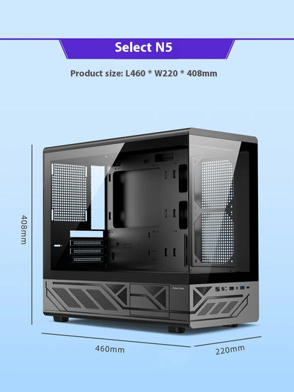 Power Train N5 MATX desktop room with a column-free sea view features a glass side computer case supports 360 water cooling.