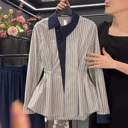 Temperament waist cinching slimming blue striped shirt spring 2025 new fat MM fashion contrasting long sleeved shirt.