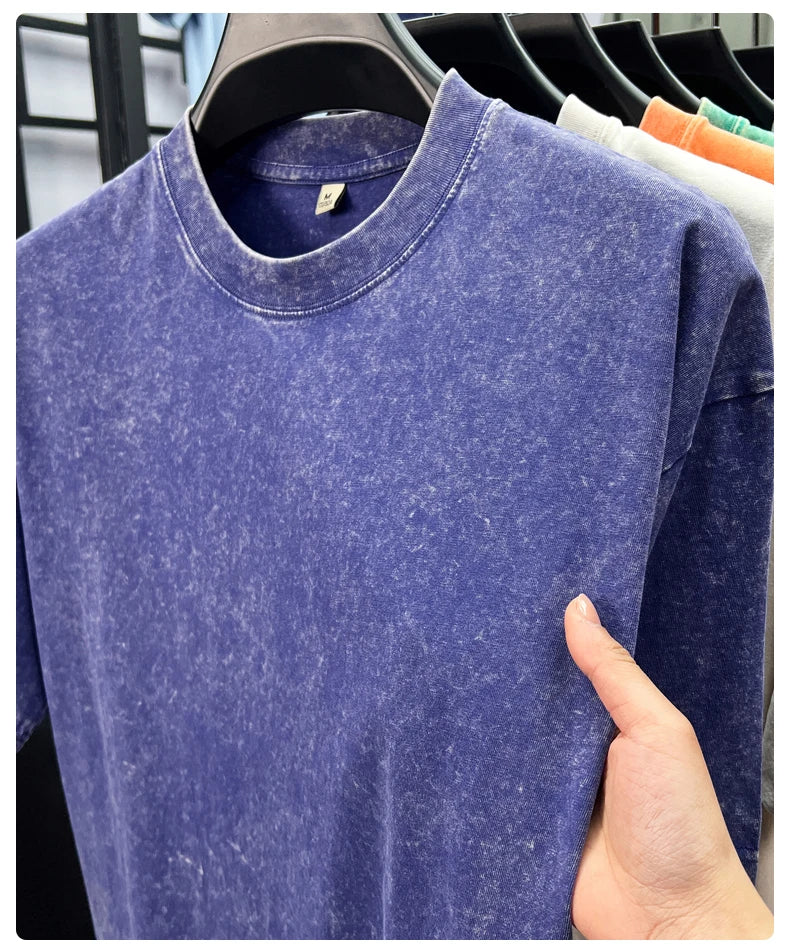 Personality washed vintage short sleeve T-shirt high-end 100% pure cotton men fashion round neck comfort lightweight casual top