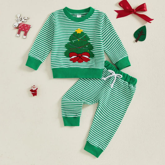 Weihnachts-Baby-Kleidung aus Baumwolle, 2-teiliges Set, 0–3 Jahre, gestreiftes Sweatshirt und Hose für Kleinkinder mit besticktem Weihnachtsbaum-Outfit