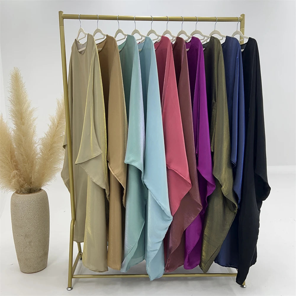 Ramadan Eid Summer Satin Batwing Abaya Dubai Women Islam Muslim Maxi Kaftan Dresses Kebaya Caftan Marocain Robe Femme Musulmane.