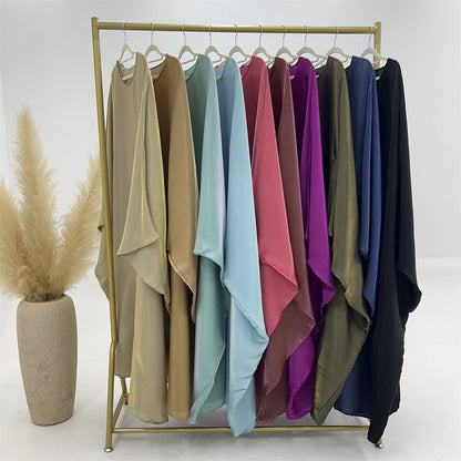 Ramadan Eid Summer Satin Batwing Abaya Dubai Women Islam Muslim Maxi Kaftan Dresses Kebaya Caftan Marocain Robe Femme Musulmane.