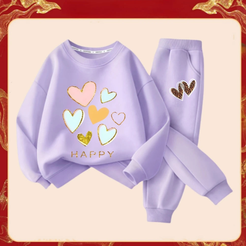 Spring Children Clothes Set Kid Girls Sweet Sweatshirts Pullover Top And Pants 2 Pieces Suit Heart Print Long Sleeve Tracksuits.