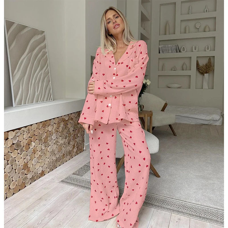 Sommer Neue Liebe Herz Druck Pyjama 100% Baumwolle Langarm Set 2Pcs Outfit Revers Nachtwäsche Taste Unten frauen pyjamas Nachtwäsche