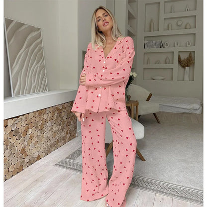 Sommer Neue Liebe Herz Druck Pyjama 100% Baumwolle Langarm Set 2Pcs Outfit Revers Nachtwäsche Taste Unten frauen pyjamas Nachtwäsche