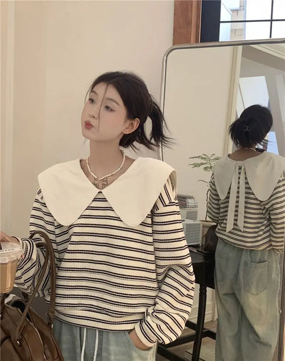 Oversized New Women Clothing Korean Patchwork Peter Pan Collar Sweatshirts Female Casual Striped Long Sleeve Loose T-Shirts Tops.