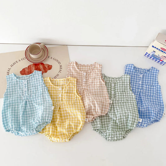 2024 Sommer Baby kleidung Plaid Kleinkind Jungen Mädchen Bodysuit ärmel los einteiliges Kleinkind Outfit
