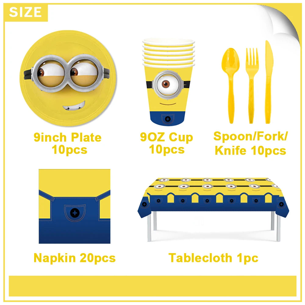 Cartoon M & Minions Geburtstag Party Dekoration Einweg Geschirr Tasse Teller Tischdecke Luftballons Gelb Große Augen Hintergrund Banner.
