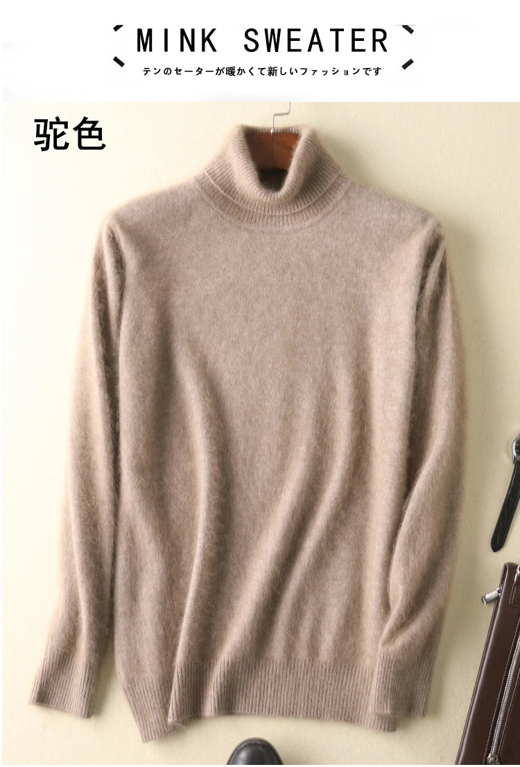 Men's 100% pure Mink Knitted Sweater Turtleneck Large Size Casual Pullover Autumn Winter New Base Shirt Men Warm High Lapels Top.