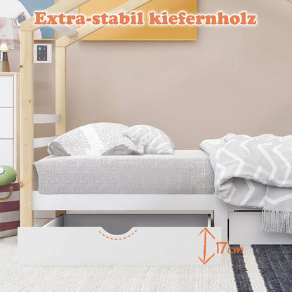 KOMHTOM Kinderbett Hausbett 90x200 cm, Massivholz Kiefernholz mit Schubladen und Lattenrost