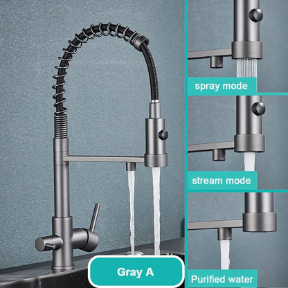 Gray Filtered Kitchen Faucet Dual Spout Hot Cold Mixer Purification Water Crane Filter Water Faucet Deck Mount