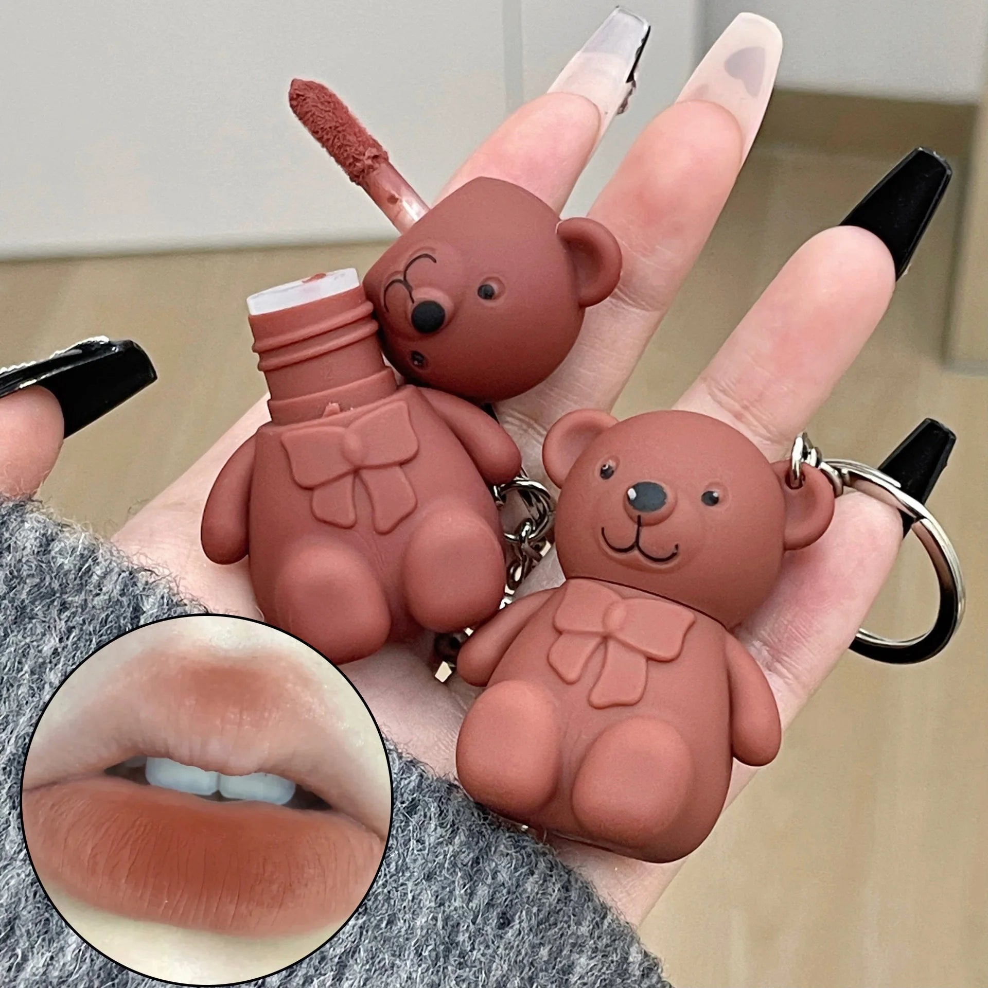 Cute Bear Keychain Matte Velvet Lip Gloss Mirror Brown Lipstick Waterproof Long Lasting Non-Stick Cup Lip Mud Korean Cosmetic.