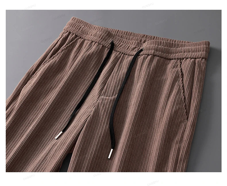 OUSSYU Brand Autumn Winter Men's Stripe Corduroy Pants Elastic Waist Drawstring Straight Thick Outdoors Loose Casual Trousers.