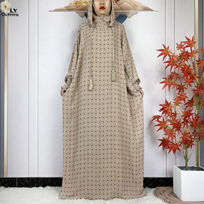 2024New Pure Cotton Ramadan Muslim Two-Hat Abaya Dubai Turkey Islam Prayer Clothes Loose Robe Islamic Women Traditional Clothing