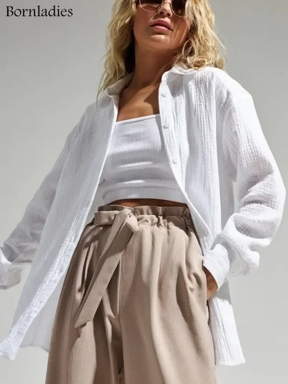 Bornladies 2025 Women's Spring Summer 100% Cotton Shirts Office Lady  Fashionable Solid Lady Long Sleeve Loose Tops Crepe Shirts.