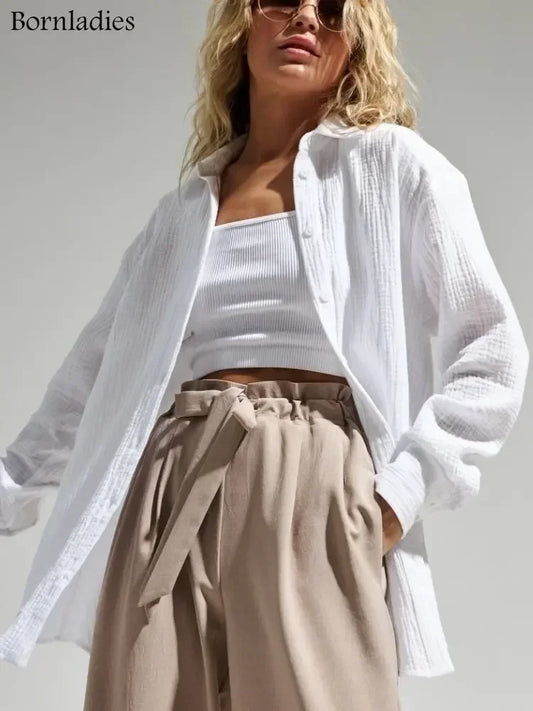 Bornladies 2025 Women's Spring Summer 100% Cotton Shirts Office Lady  Fashionable Solid Lady Long Sleeve Loose Tops Crepe Shirts.